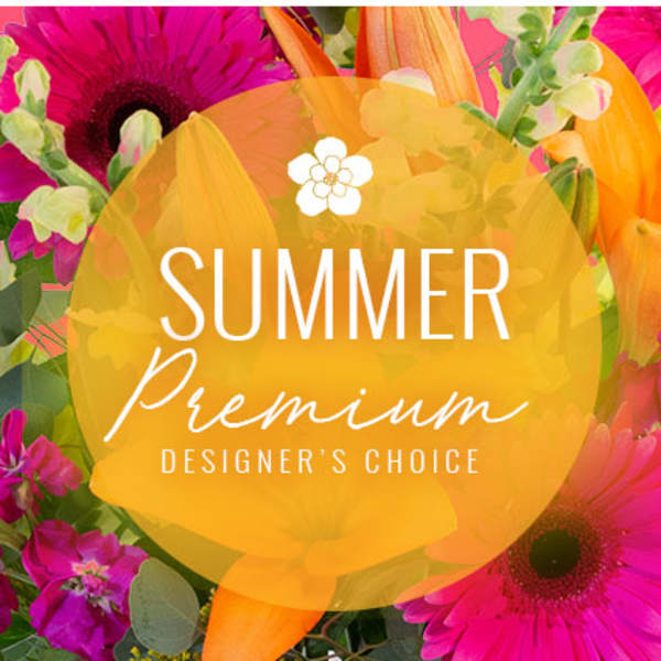 Bright summer flowers in pink and orange with text reading Summer Premium Designer's Choice