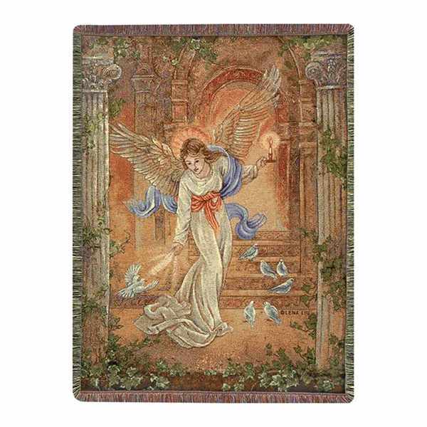 Decorative tapestry showing an angel with birds in a classical setting
