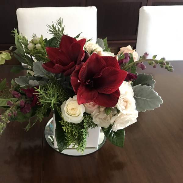 Red amaryllis and white roses arranged in a white vase
