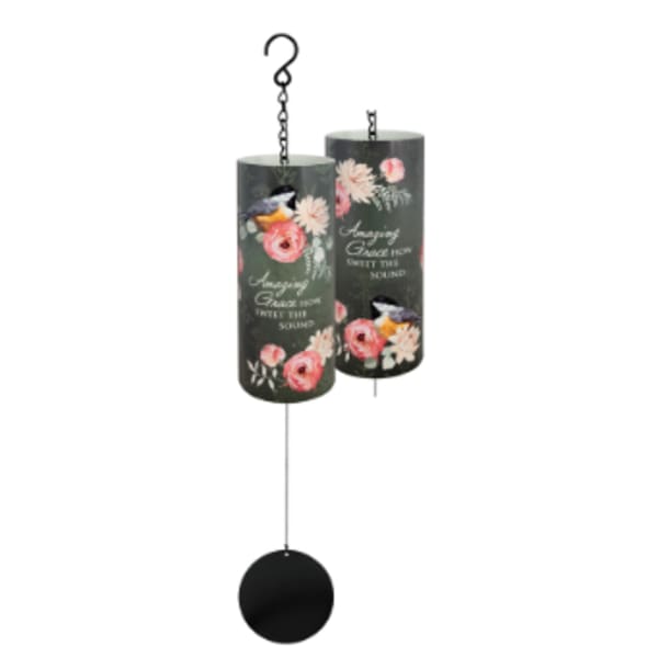 Two hanging wind chimes with floral and bird designs