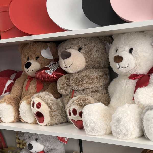 Row of plush teddy bears with red accents displayed on white shelves