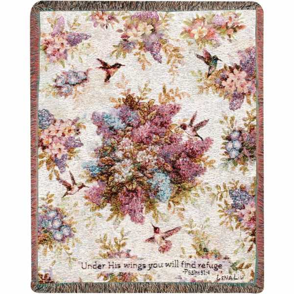 Floral tapestry blanket with hummingbirds and a Bible verse
