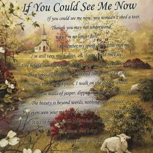 Printed memorial poem with floral artwork and a small church scene