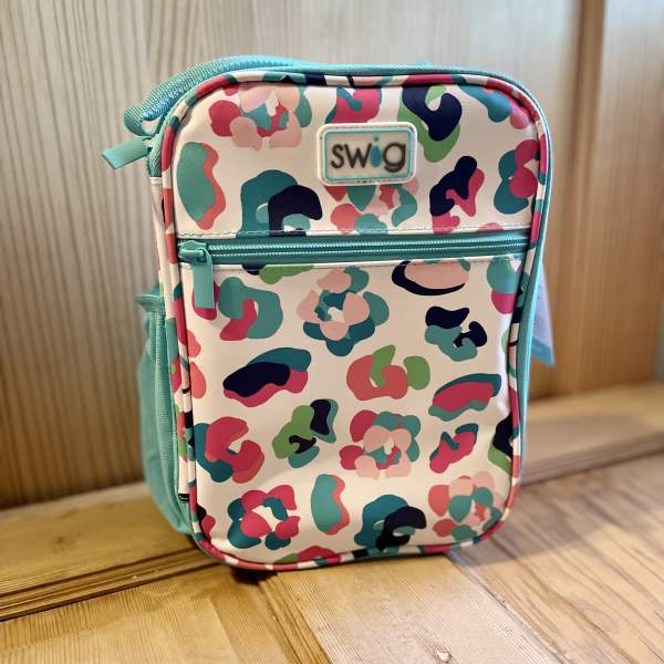 Colorful patterned lunch bag with a front zipper pocket