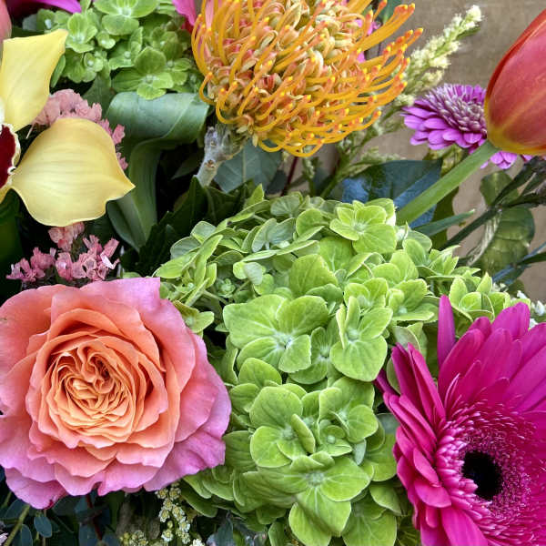 Mixed bouquet with a pink rose, yellow orchid, and bright gerbera daisies
