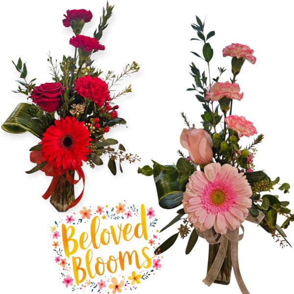 Two floral arrangements with roses, gerbera daisies, and carnations, plus a "Beloved Blooms" graphic.