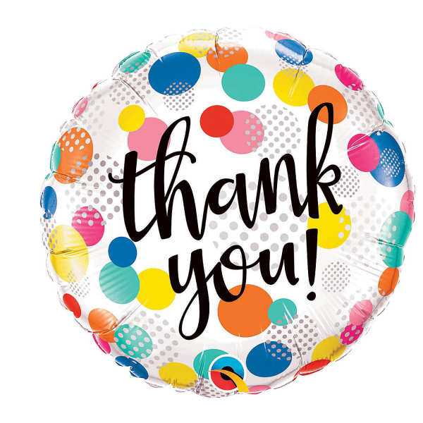 Round balloon with colorful dots and "thank you" text