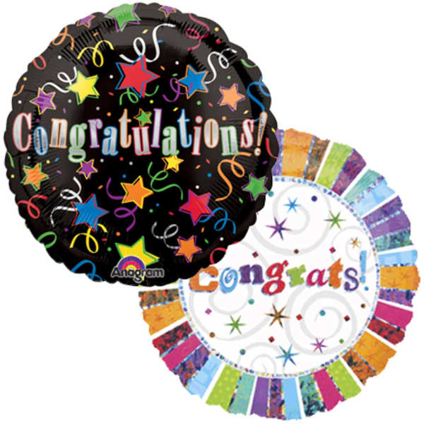 Two round congratulatory balloons with colorful confetti designs