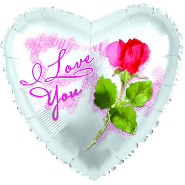 Heart-shaped foil balloon with a rose and "I Love You" text
