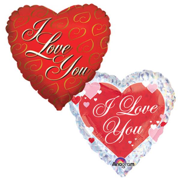 Two heart-shaped red balloons with "I Love You" text