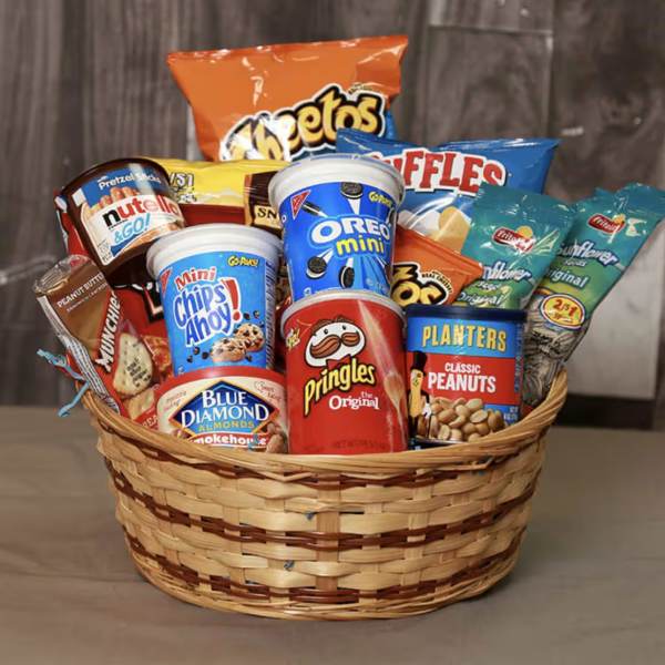 Basket filled with assorted snack bags and canisters