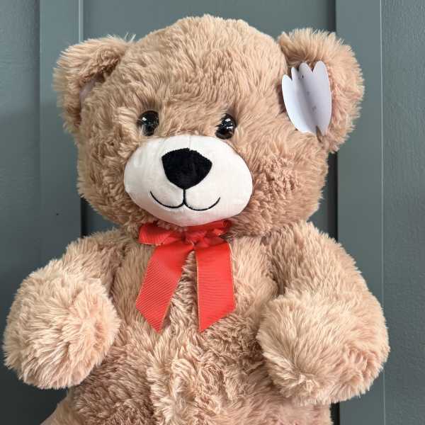 Large tan teddy bear with a red ribbon bow