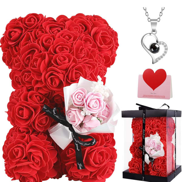 Red rose teddy bear gift set with necklace and card