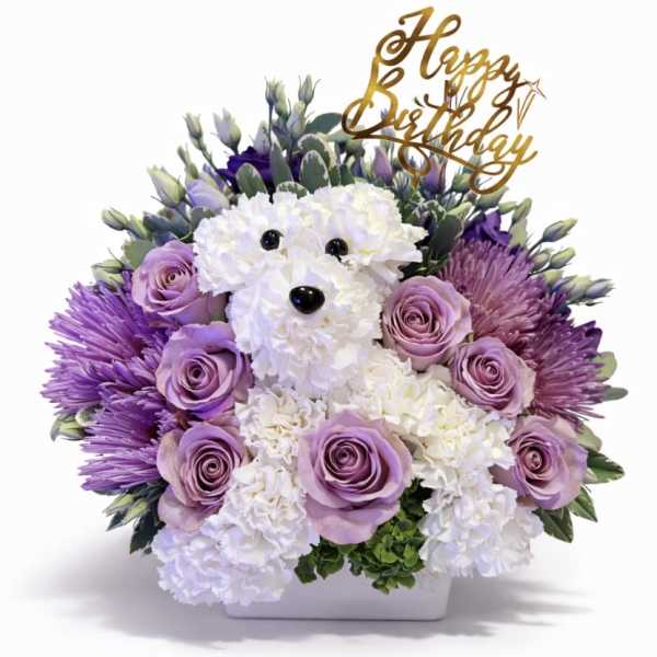 Birthday flower arrangement with a white carnation dog, lavender roses, and purple mums in a white container.