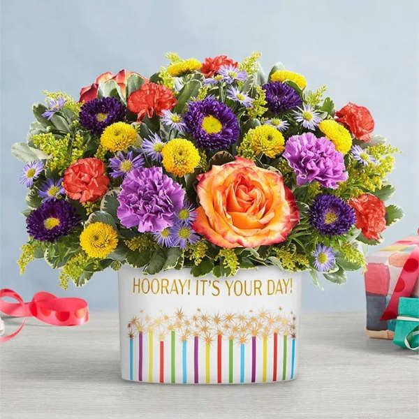 Mixed bouquet in a white gift box with colorful flowers