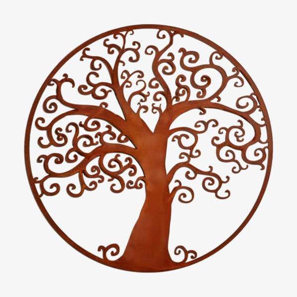 Circular metal wall art with a stylized tree silhouette