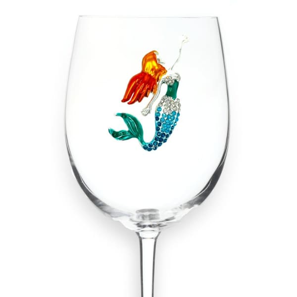 Clear wine glass with a colorful mermaid design