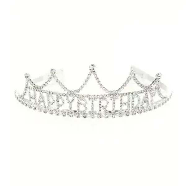 Silver rhinestone tiara with the word Birthday