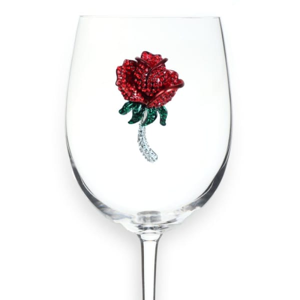 Wine glass with a jeweled red rose decoration