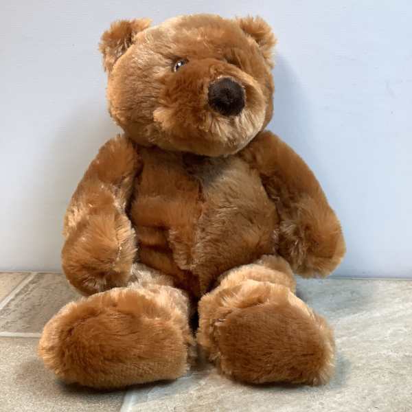 Brown teddy bear sitting against a plain background