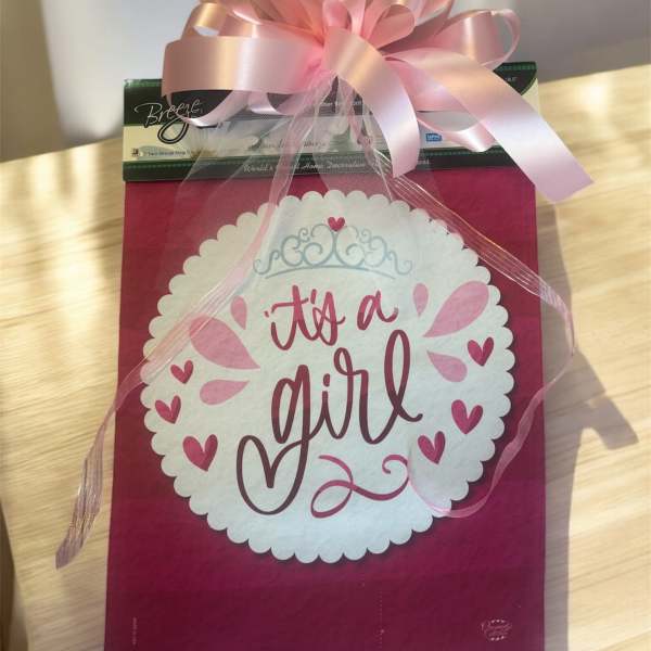 Pink gift bag with a large bow and "it's a girl" message