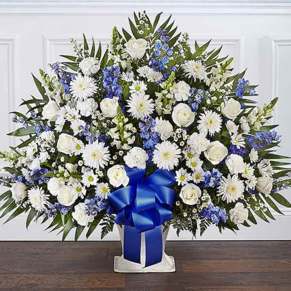 Heartfelt Tribute Blue & White Floor Basket Arrangement