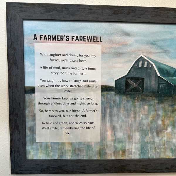 Framed memorial print with a barn painting and farewell poem