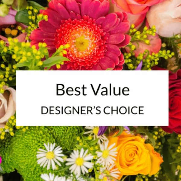Mixed bouquet with a "Best Value Designer's Choice" sign