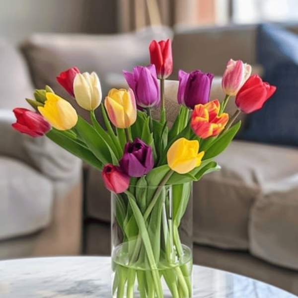 Colorful tulips arranged in a clear glass vase