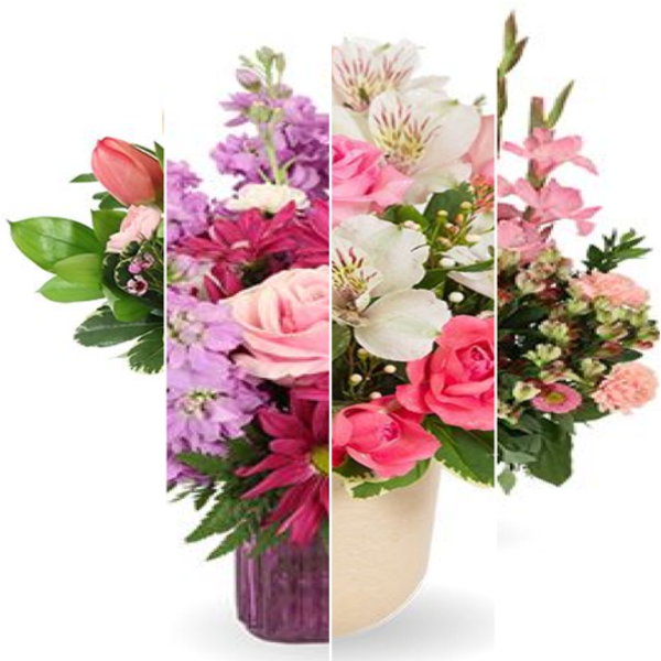 Mixed bouquet of pink, purple, and white flowers in a vase