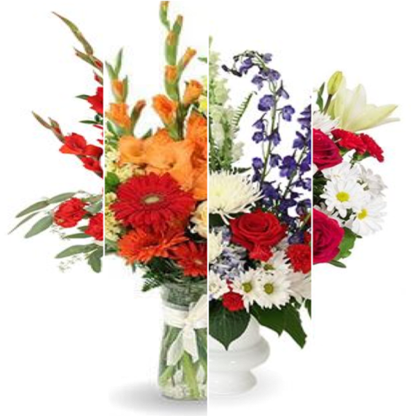 Mixed bouquet with red, orange, purple, and white flowers in a vase