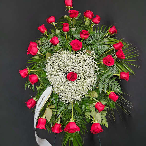 Red Rose Standing Spray with Baby's Breath Heart