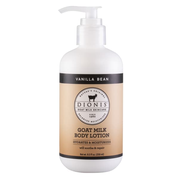 Bottle of vanilla bean goat milk body lotion with pump dispenser