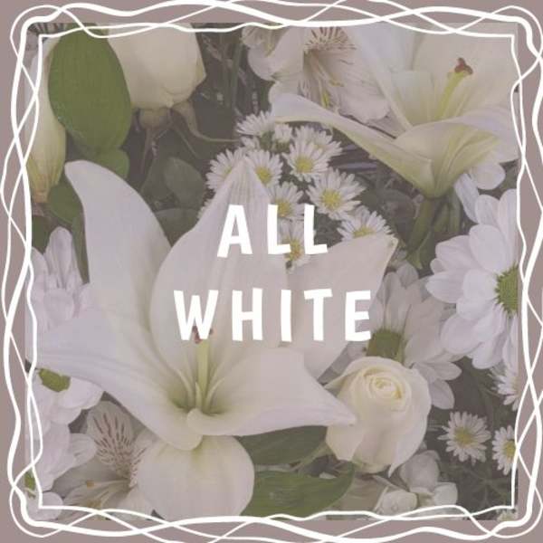 All-white lilies, roses, and daisy-style flowers with the words All White overlaid.