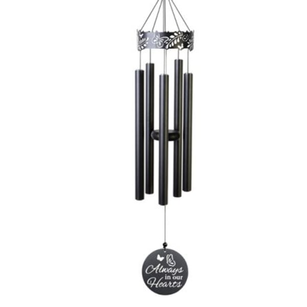 Black metal wind chime with decorative top and memorial disc reading "Always in our Hearts".