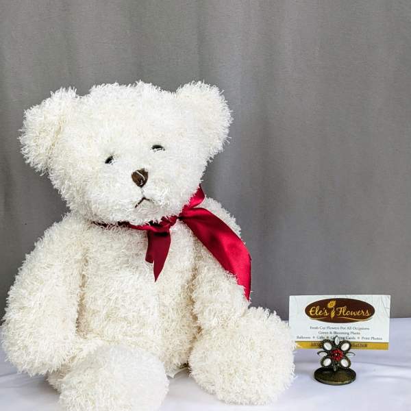 White teddy bear with a red ribbon sitting beside a florist card