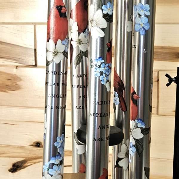 Hanging metal wind chime with cardinal and flower designs