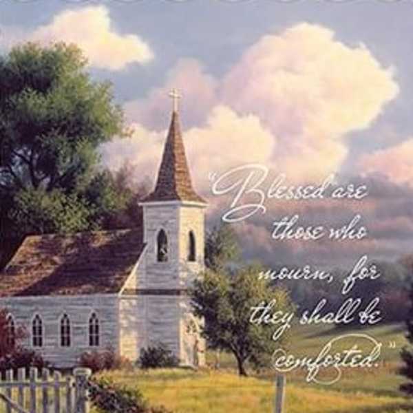 A church with a steeple under a cloudy sky and a memorial quote overlay