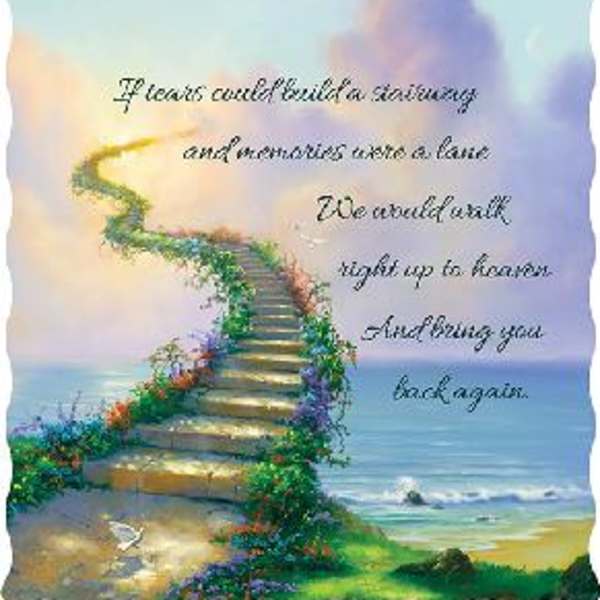 Decorative pillow with a staircase to the sky and memorial quote