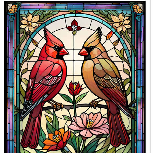 Stained glass panel with two cardinals and flowers