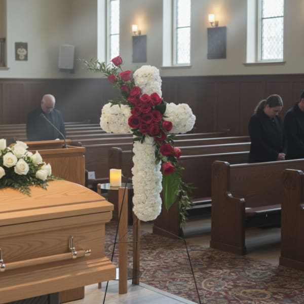 Red roses and white flowers arranged in a cross on a stand inside a church