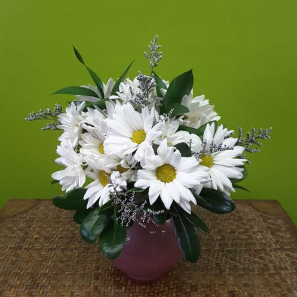 White daisies arranged in a vase with purple filler flowers