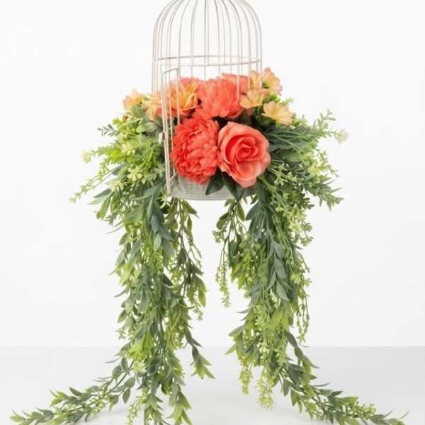 Vintage White Birdcage with Silk Flowers Draping