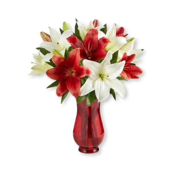 Red and white lilies arranged in a red glass vase
