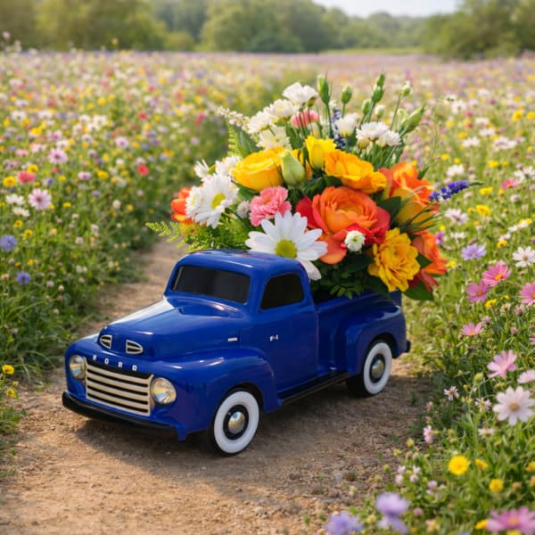 Blue ceramic toy truck filled with bright yellow, orange, white, and pink flowers on a path