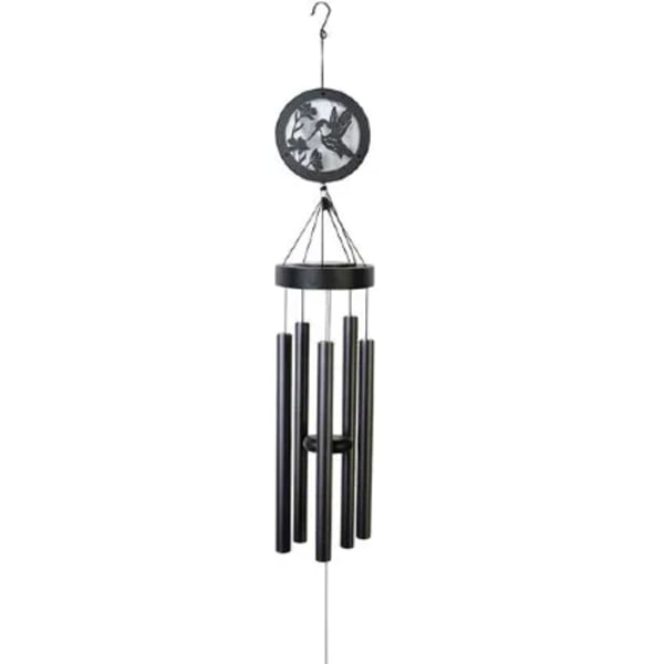 Black memorial wind chime with a hummingbird cutout and "In Loving Memory" disc