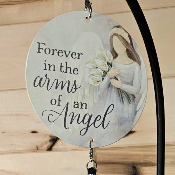 Angel memorial wind chime with a hanging plaque and metal tubes