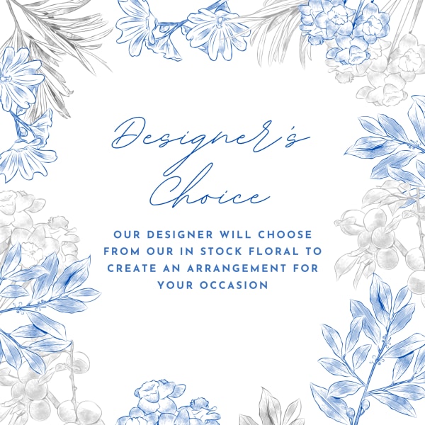 Blue floral border with the words Designer's Choice in the center