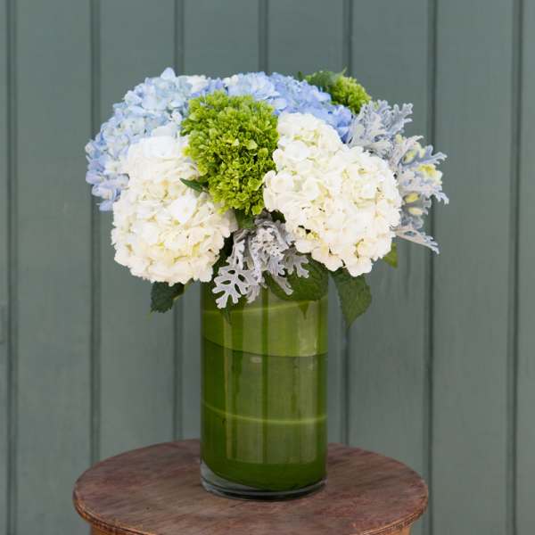 Blue and white hydrangeas in a tall green glass vase