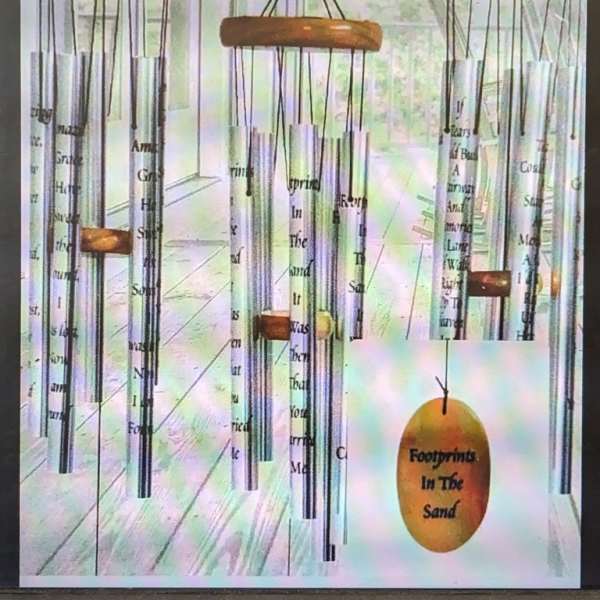 Hanging metal wind chimes with wooden tops and printed tubes